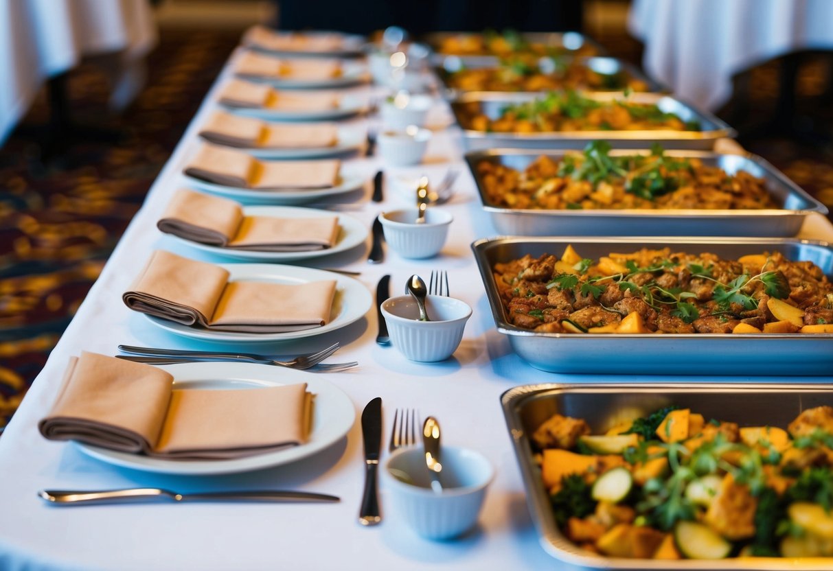 A table with 40 place settings, each with a plate, utensils, and napkin. Multiple trays of food arranged neatly on the table