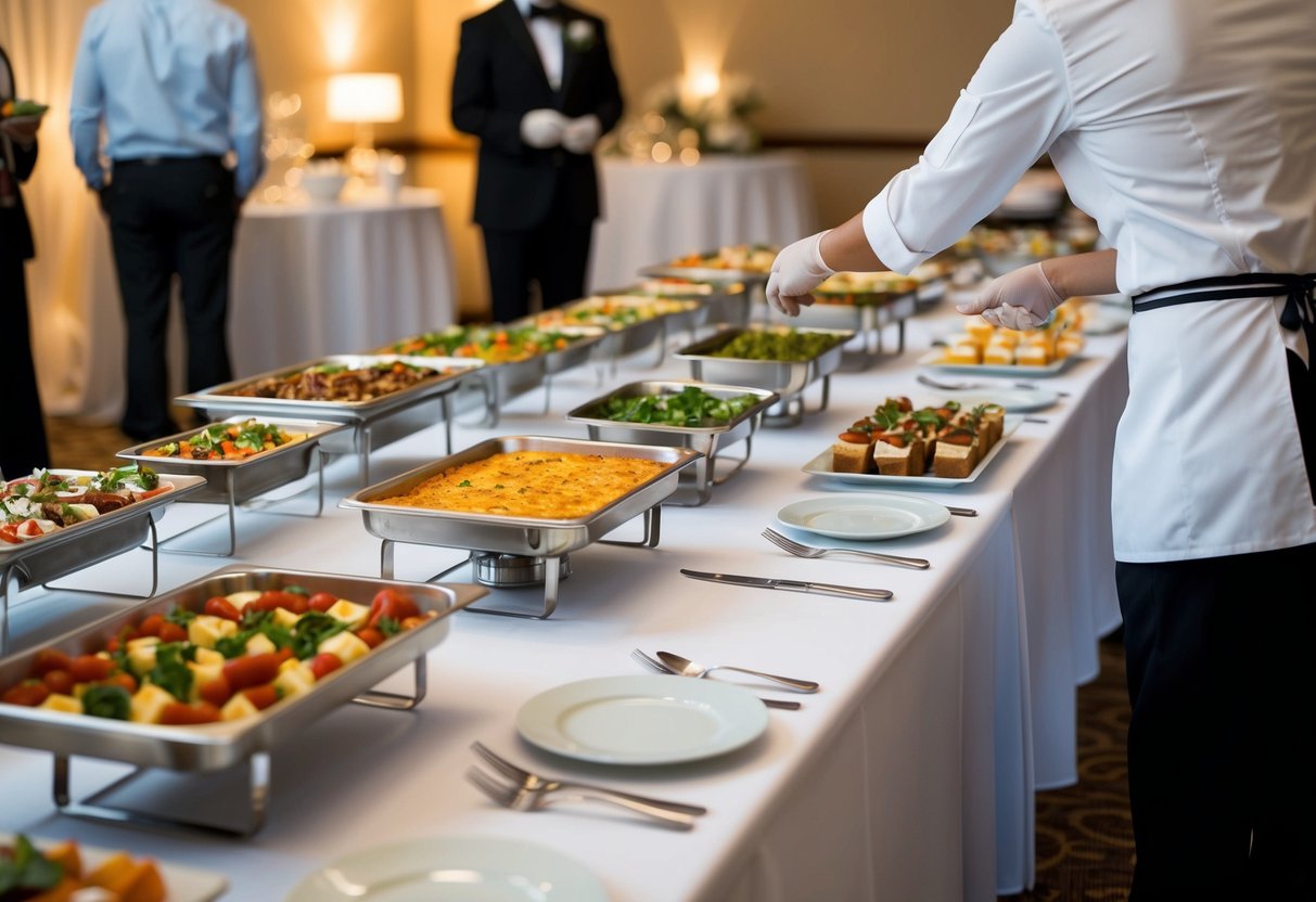 A table with 40 place settings and various trays of food, including appetizers, entrees, and desserts, being arranged by a caterer