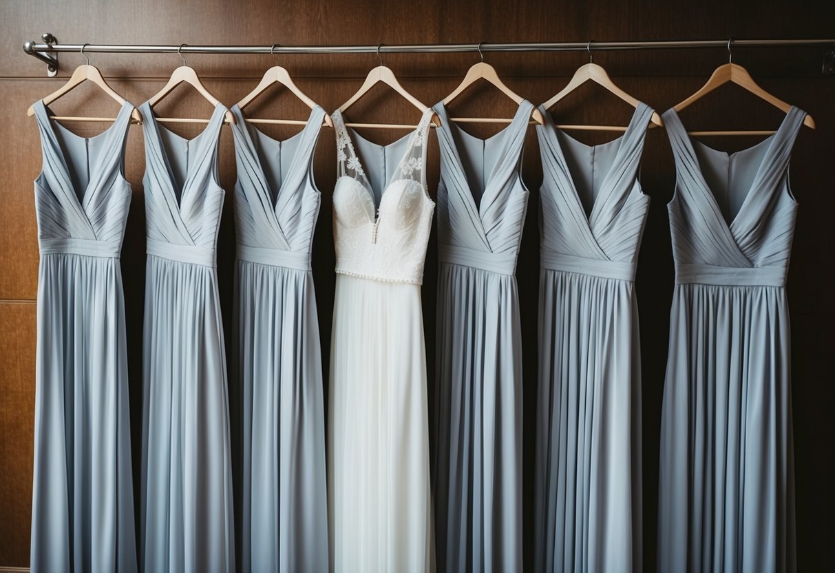 A line of ten identical bridesmaid dresses hanging in a row
