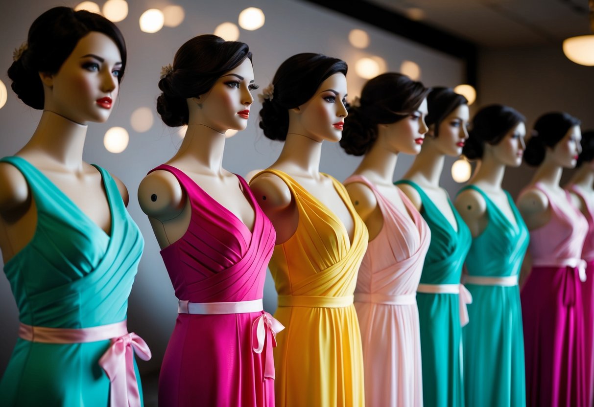 A group of 10 mannequins dressed in bridesmaid attire stand in a row, each with a different pose and expression, creating a visually striking display