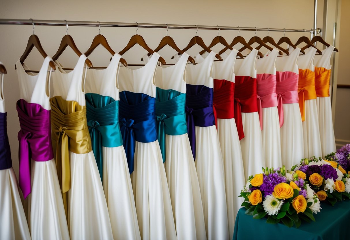 A group of 10 identical dresses hanging neatly in a row, each with a different colored sash draped across the waist. Bouquets of flowers in matching colors are arranged neatly on a nearby table