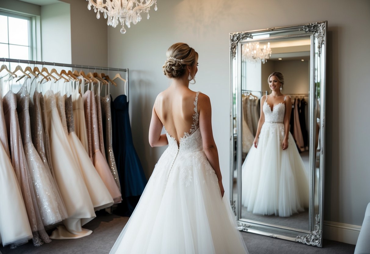 A bride trying on wedding dresses in a luxurious bridal boutique with racks of gowns and a large mirror