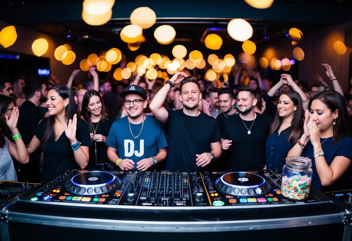A crowd surrounds a DJ booth with a tip jar on the edge. People dance and nod their heads to the music