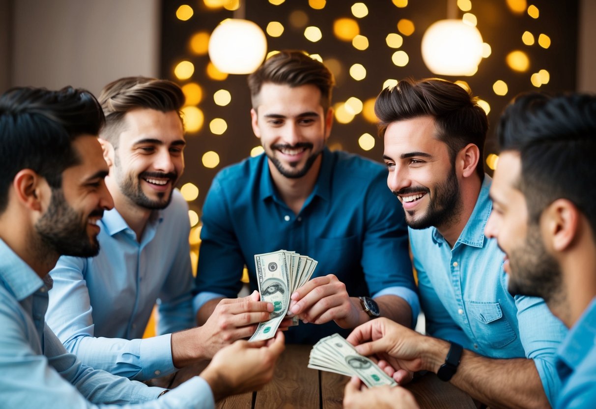 A group of friends pooling money for a bachelor party
