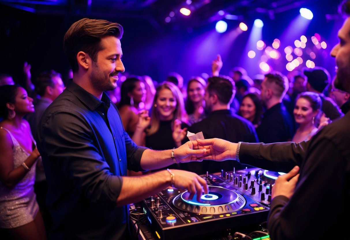 A DJ booth with a crowd dancing and a person discreetly handing a tip to the DJ