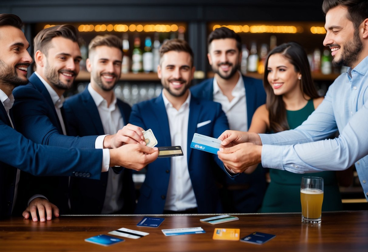 A group of friends at a bar, handing over cash and credit cards to cover the costs of drinks, food, and entertainment for a bachelor party