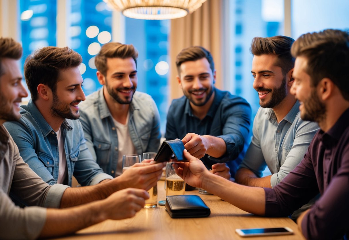 A group of friends gathered around a table, with one person reaching for their wallet to pay for the bachelor party expenses