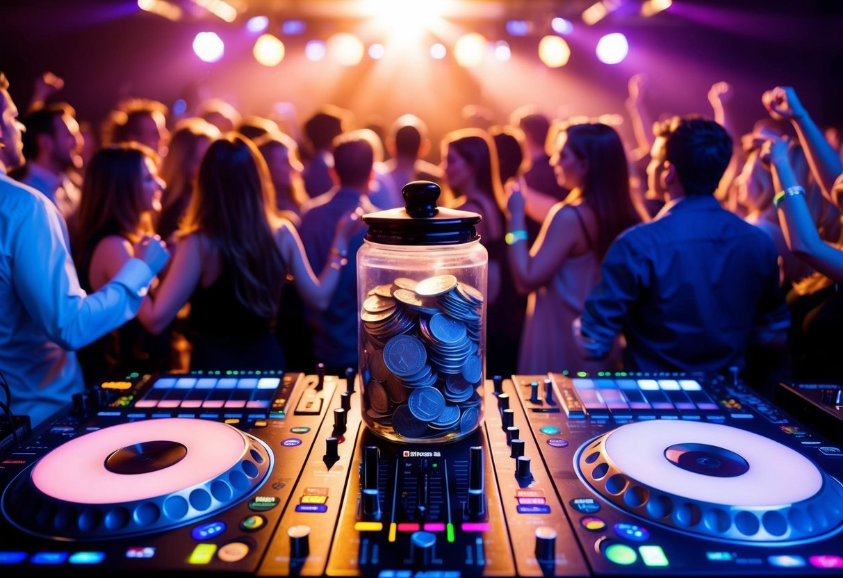 A DJ booth with a tip jar filled with cash and coins, surrounded by a crowd of people dancing and enjoying the music