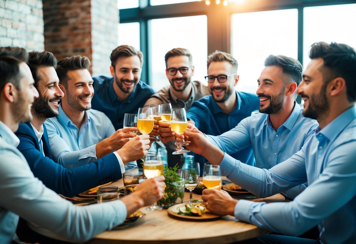 A group of men gathered around a table, toasting with drinks and laughing in a lively atmosphere