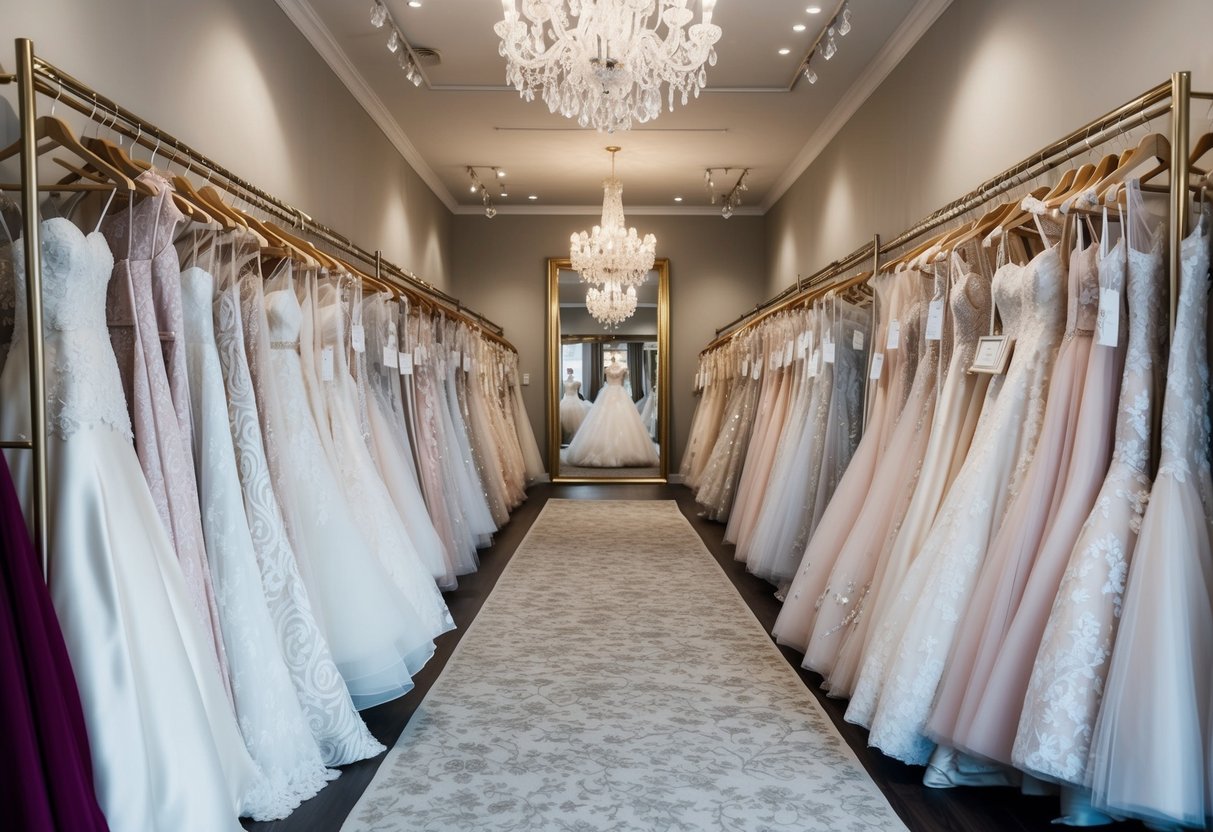 A luxurious bridal boutique with rows of elegant wedding gowns in various styles and price ranges