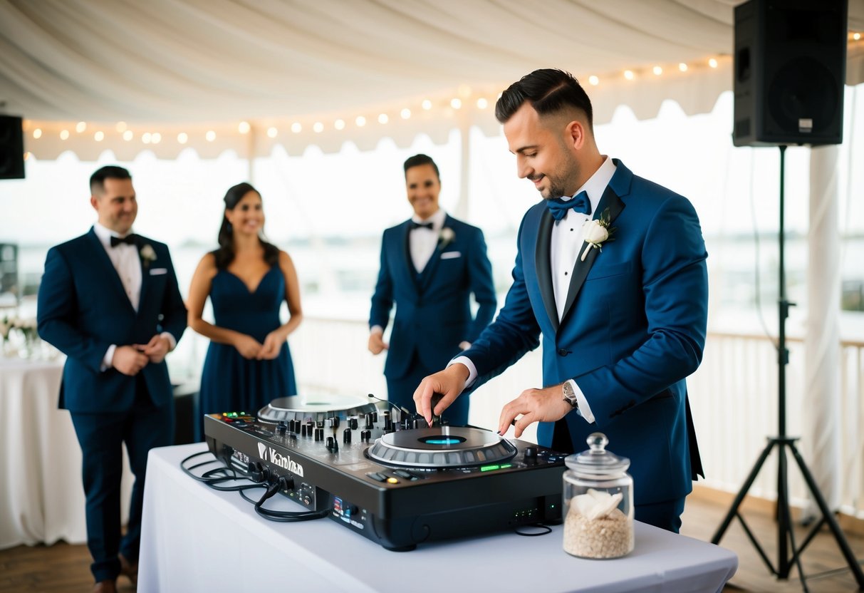 A DJ setting up equipment next to a table with a tip jar, while other wedding services coordinate in the background