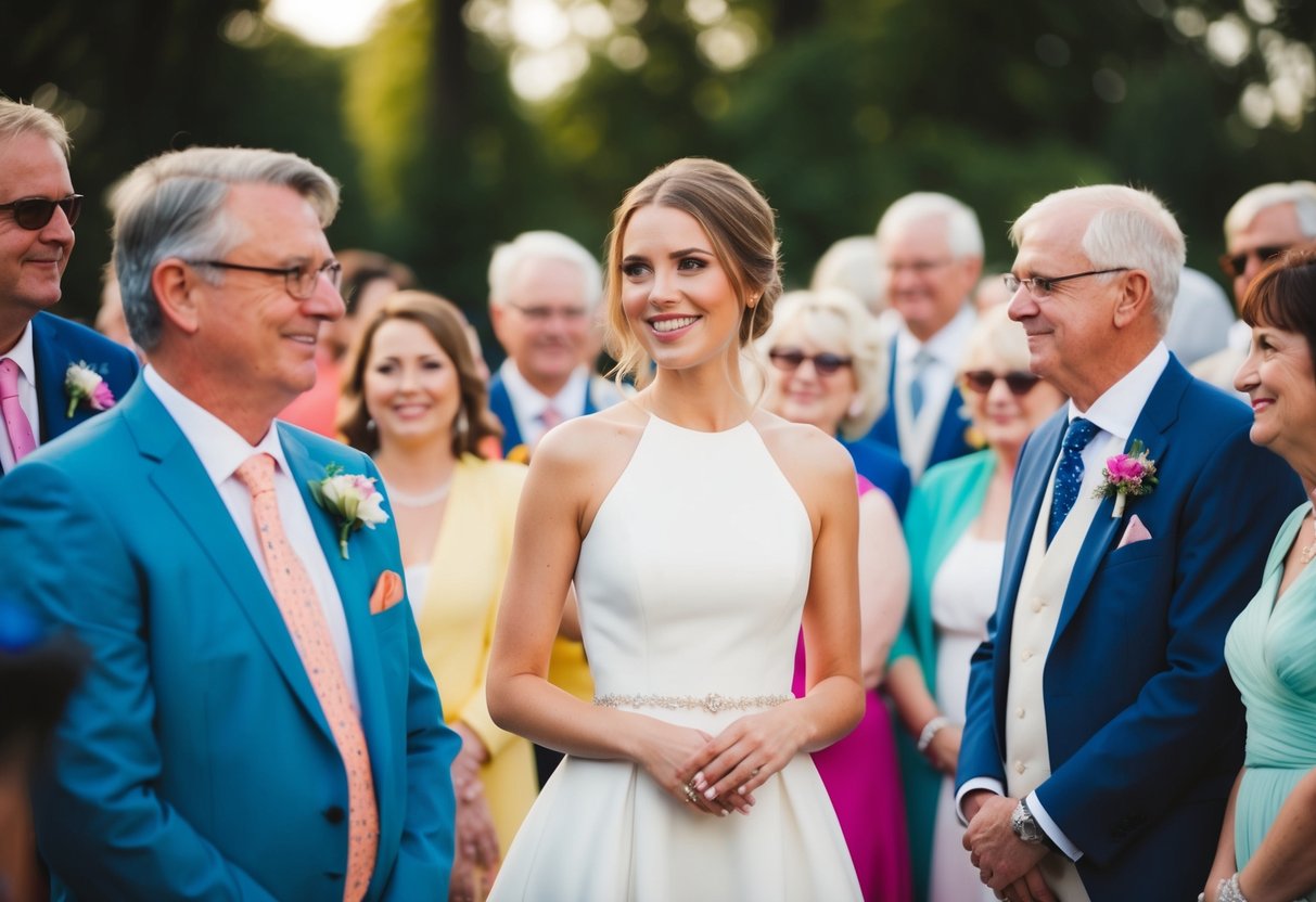 A female guest in a white dress stands among colorful wedding guests