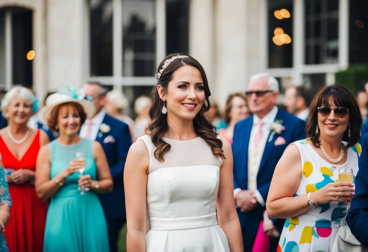 A female guest in a white dress stands among colorful wedding guests