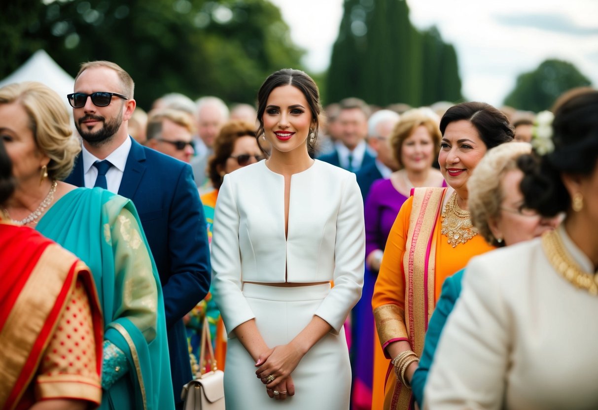 A female guest in a white outfit stands among a crowd at a wedding, surrounded by colorful attire