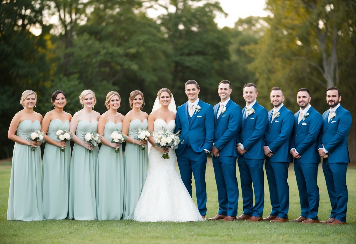 A group of bridesmaids in matching dresses stand together, while a smaller group of groomsmen in matching suits stand on the other side
