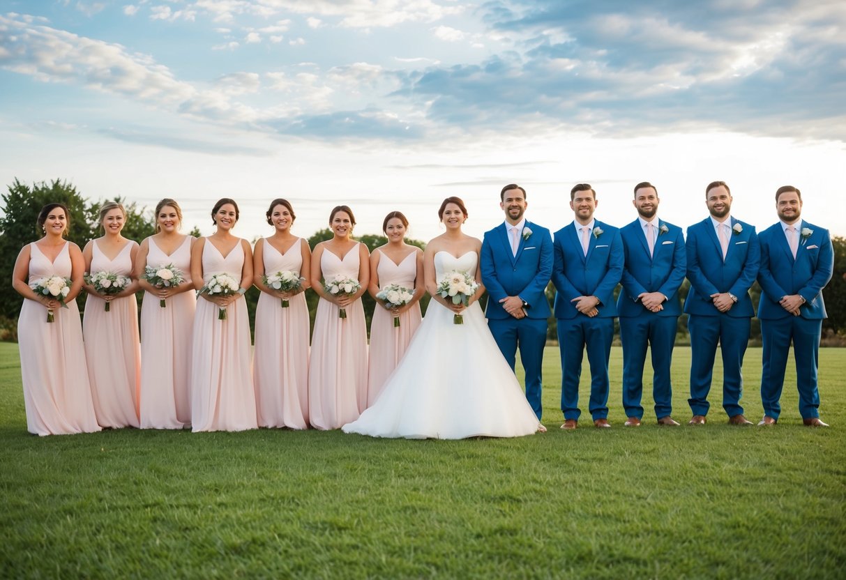 A group of bridesmaids and groomsmen standing in a line, with more bridesmaids than groomsmen, creating a visual representation of the question about wedding party dynamics