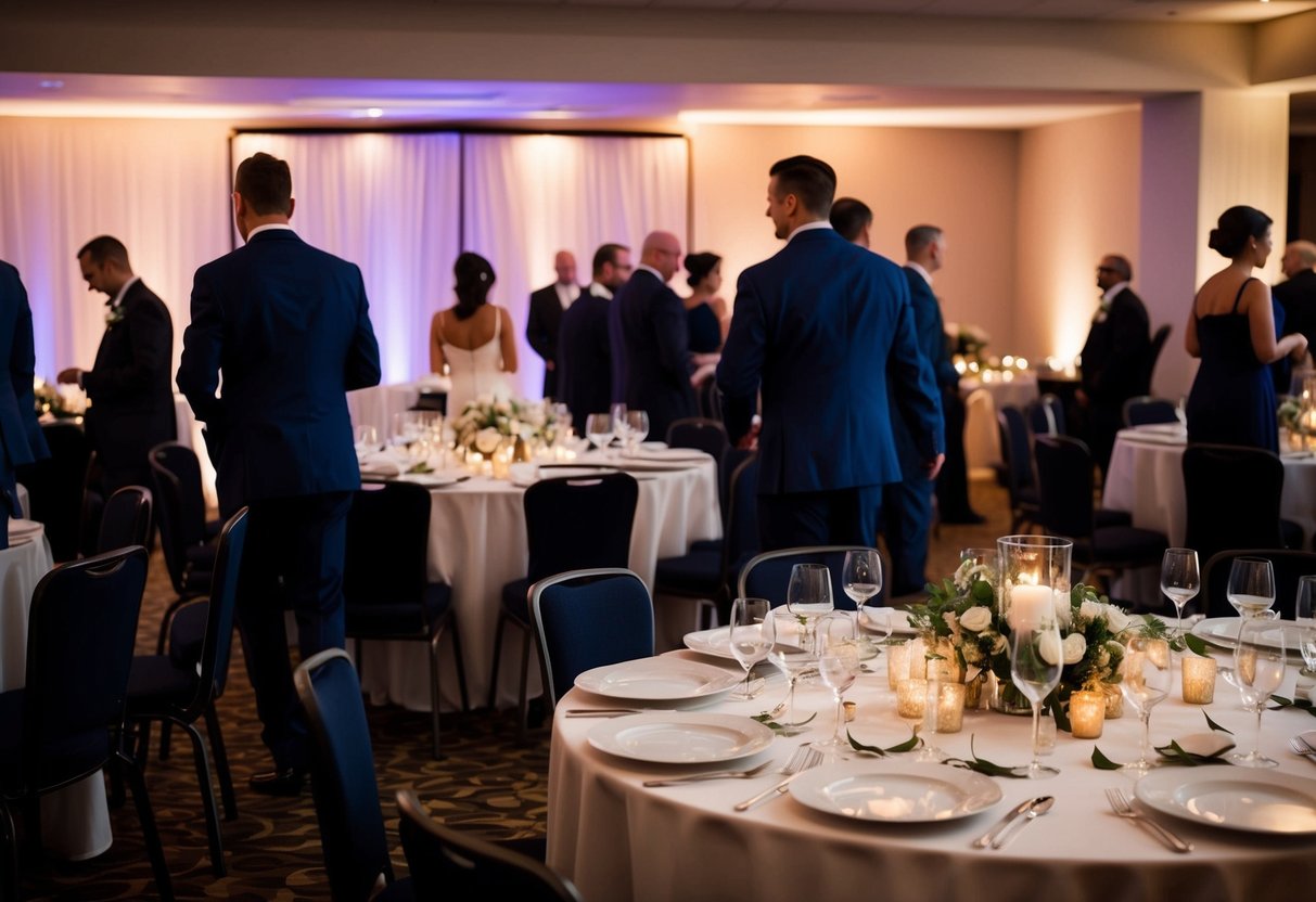 Guests departing a wedding reception after dinner. Tables set with empty plates, half-full glasses, and scattered silverware. Decorative centerpieces and dimly lit ambiance