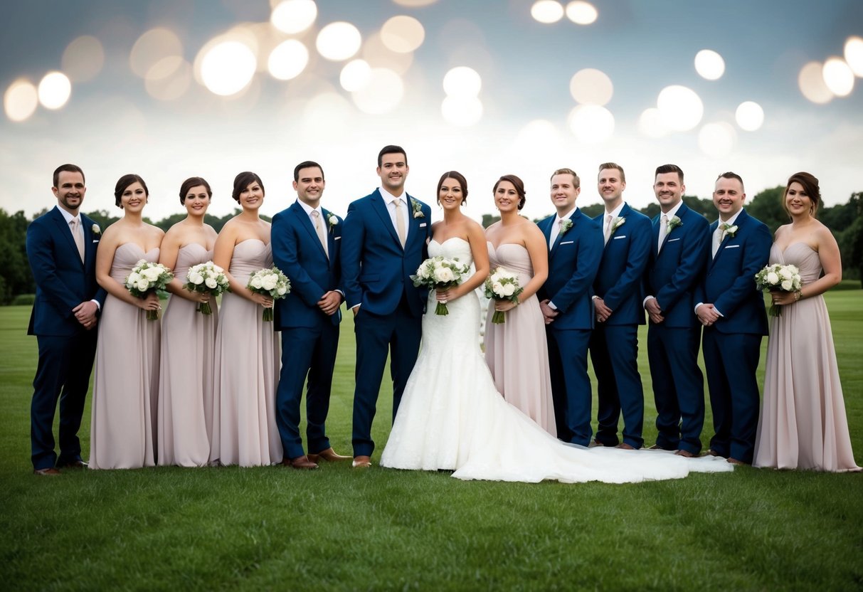 A group of bridesmaids and groomsmen standing in an asymmetrical formation, with more bridesmaids on one side and fewer groomsmen on the other