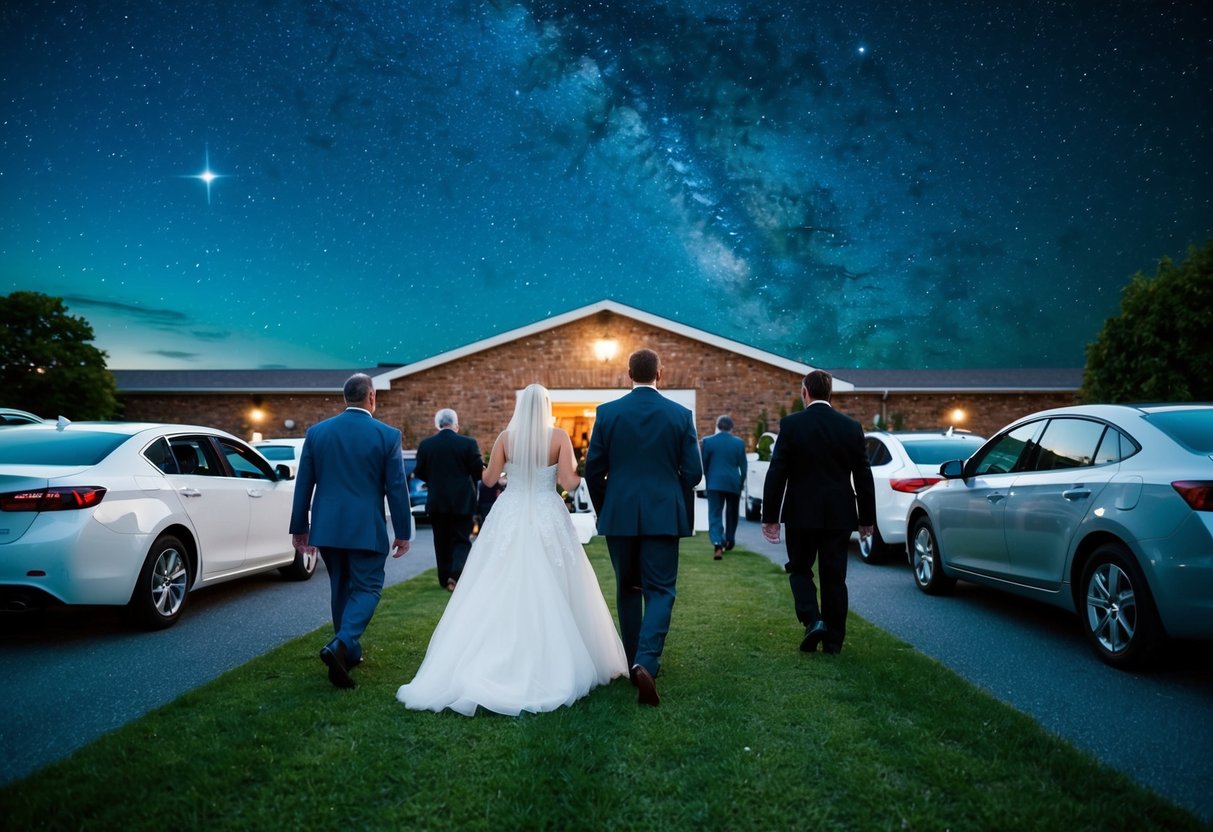 Guests leaving a wedding reception hall after dinner, walking towards their parked cars under a starry night sky