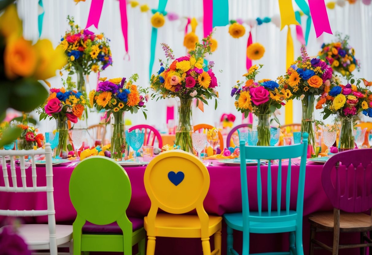 Colorful flowers and ribbons decorate a whimsical setting with mismatched chairs and playful decor, creating a joyful atmosphere for a wedding celebration