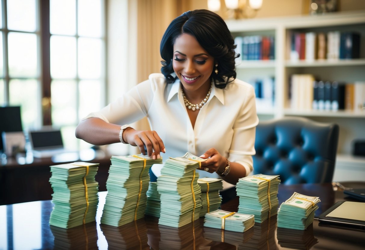 A wedding organizer counting stacks of money in a lavish office