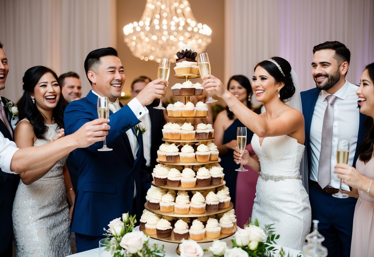 A bride and groom happily toast with champagne in front of a tiered tower of decadent cupcakes, surrounded by cheerful guests at their wedding reception