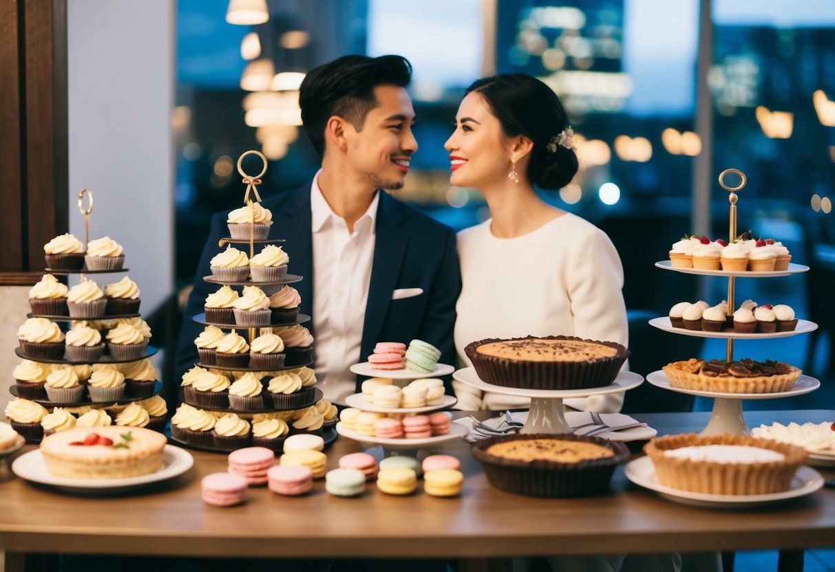 A couple sits at a table adorned with various dessert options, including a tiered tower of cupcakes, a display of macarons, and a selection of pies and tarts