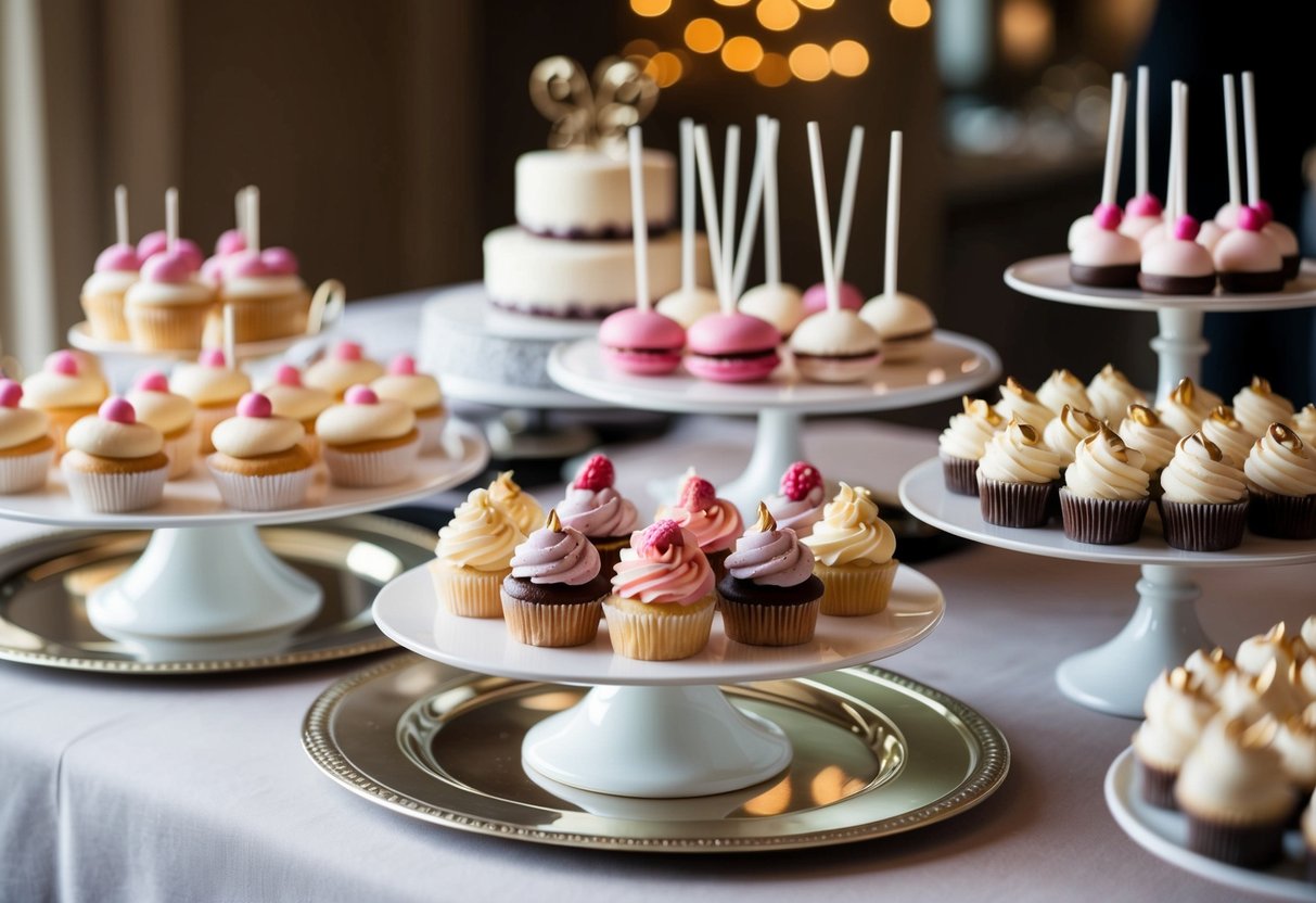 A dessert table adorned with a variety of sweet treats such as cupcakes, macarons, and cake pops, beautifully displayed on elegant platters and stands