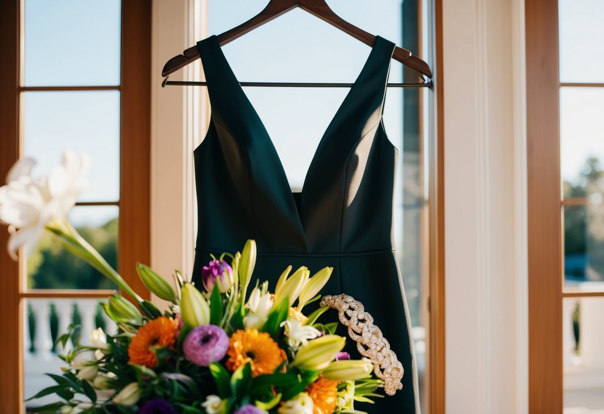 A sleek black dress hangs on a hanger in a sunlit room, surrounded by a bouquet of vibrant flowers and elegant jewelry