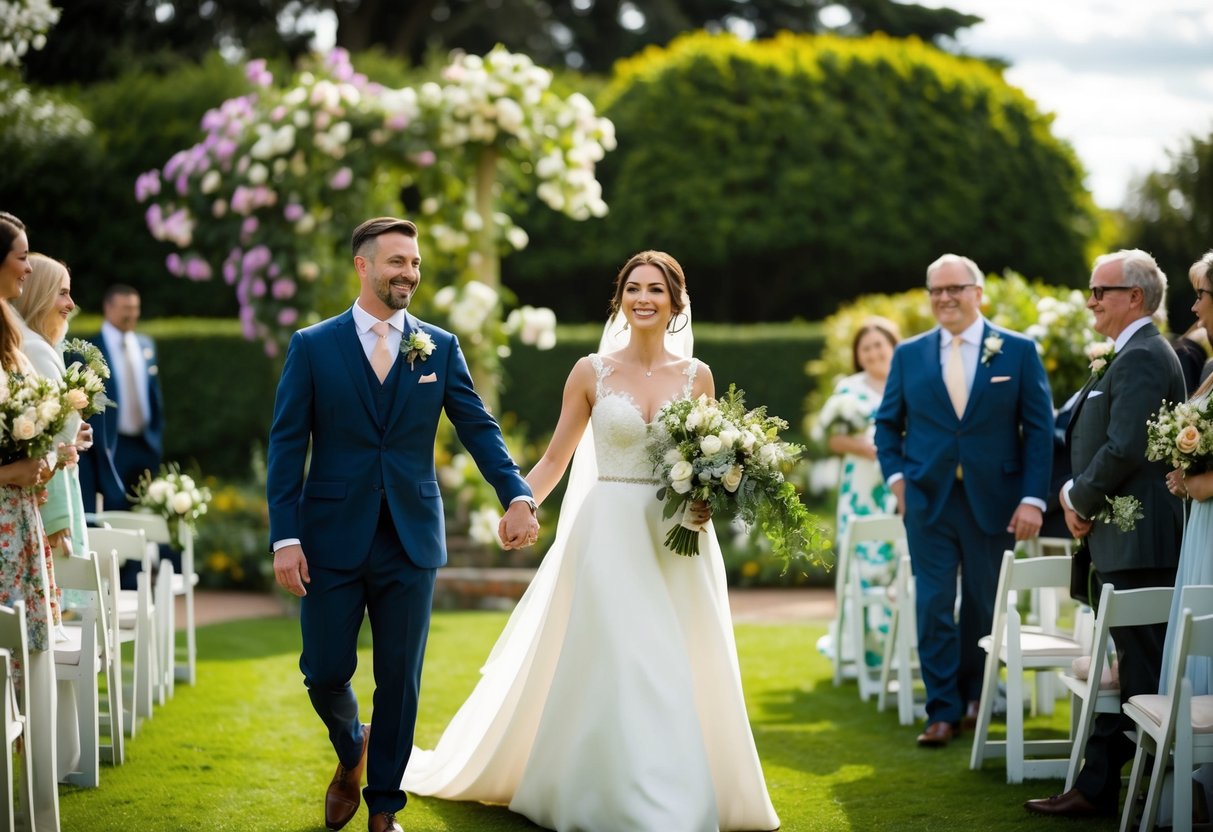A garden wedding at 4 o'clock with a mix of formal and casual attire
