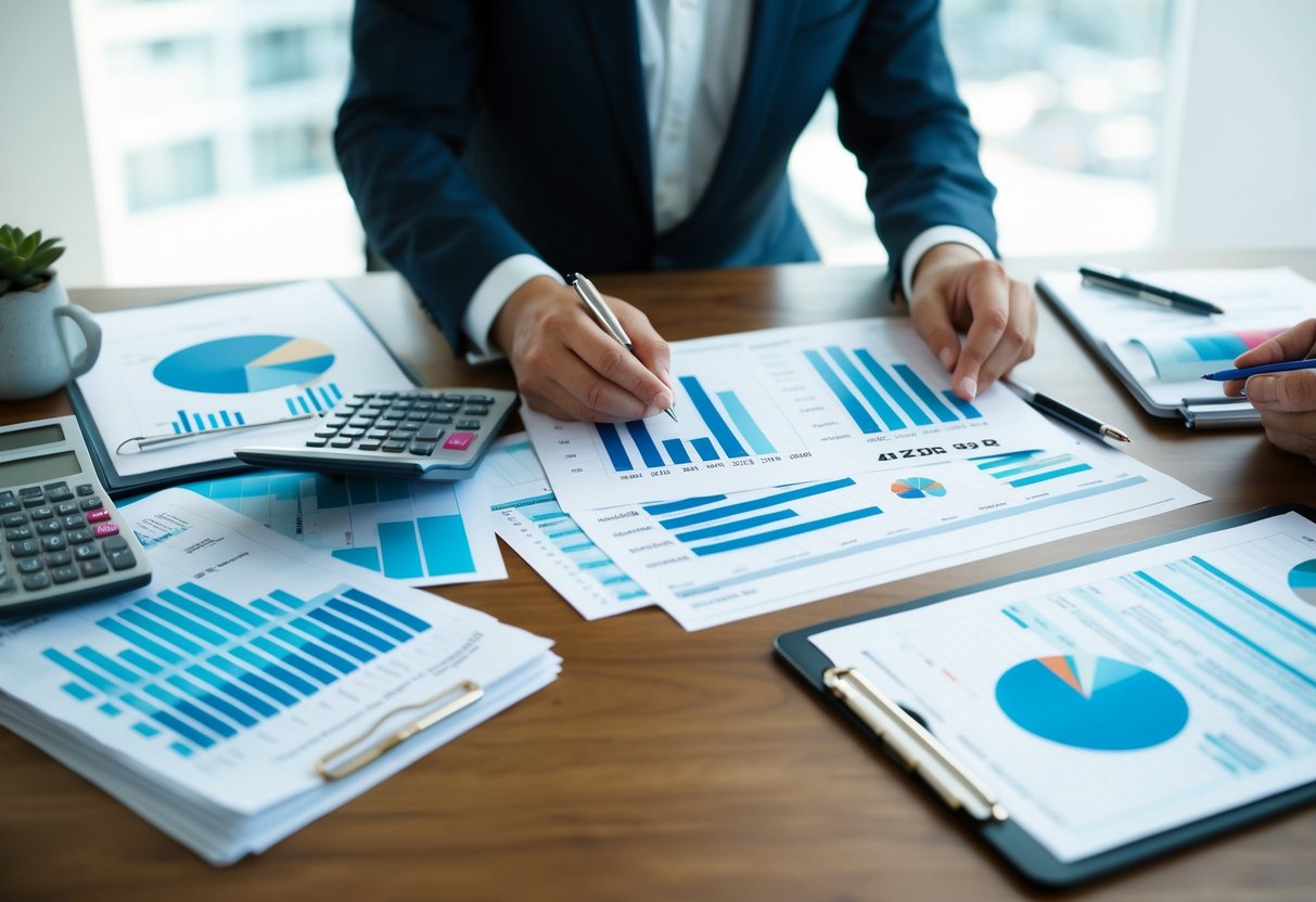 A wedding planner surrounded by spreadsheets and financial documents, calculating expenses and profits