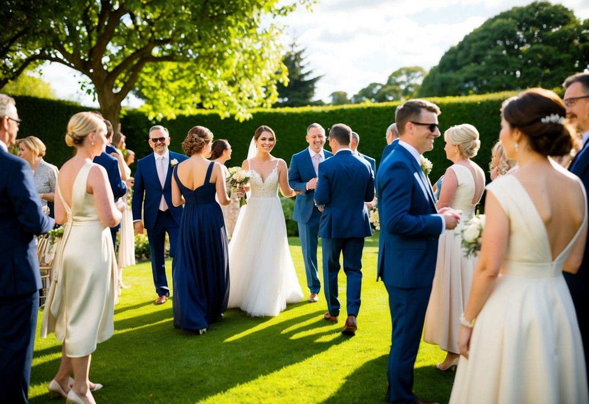 A group of elegantly dressed wedding guests mingling in a sunlit garden, with a 4 o'clock wedding ceremony about to begin