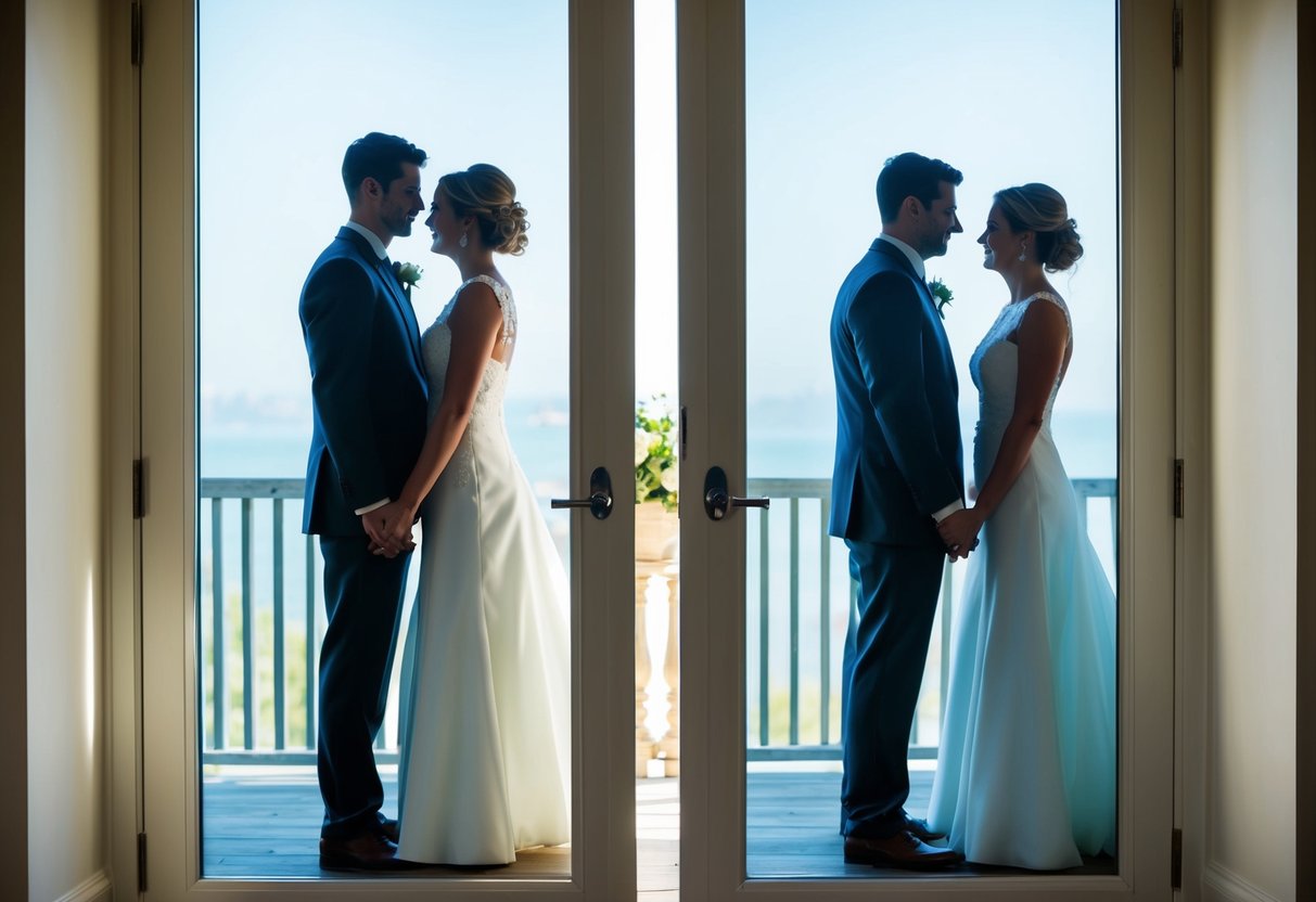 A bride and groom stand on opposite sides of a closed door, their shadows visible through the frosted glass