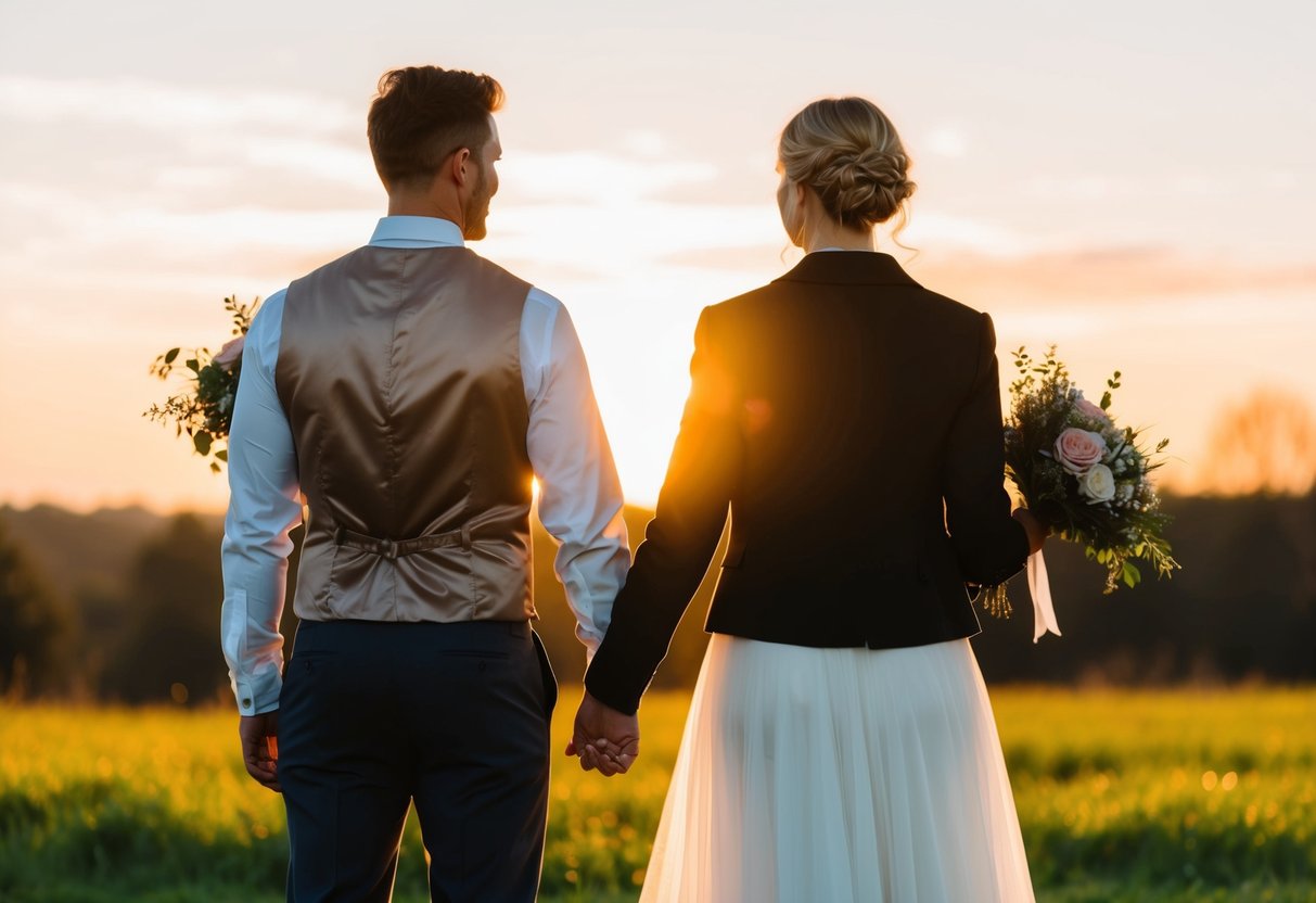 A couple stands back to back, each holding a bouquet. The sun sets behind them, casting a warm glow on the scene
