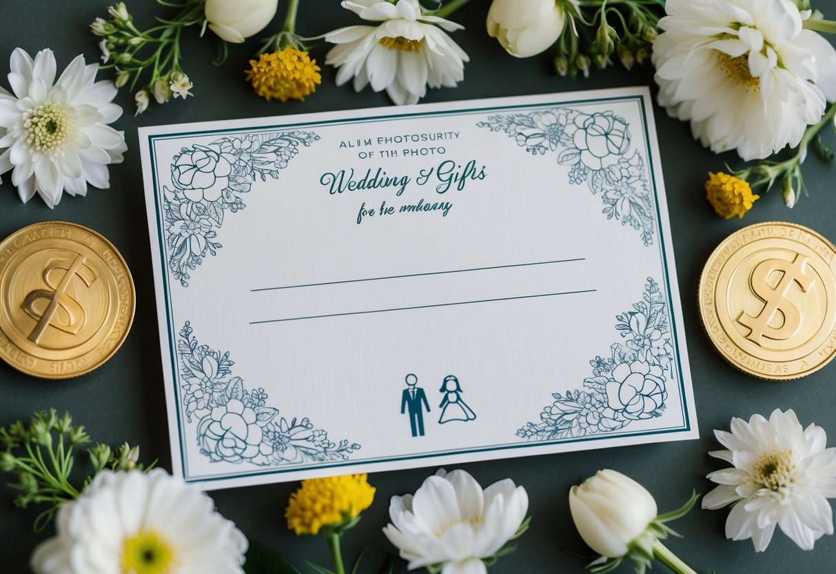 A decorative wedding card with a blank space for monetary gifts, surrounded by elegant flowers and symbols of love and unity