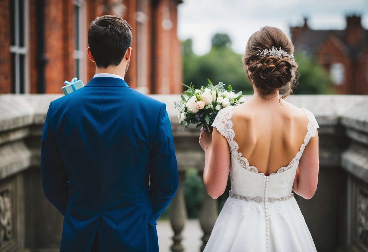 A bride and groom stand back to back, anticipation in their body language. The groom holds a small gift behind his back, while the bride clutches her bouquet