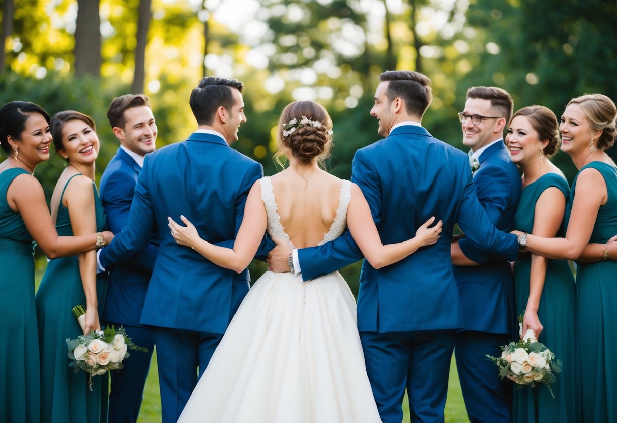 A bride and groom stand back to back, surrounded by their wedding party, all smiling and laughing together