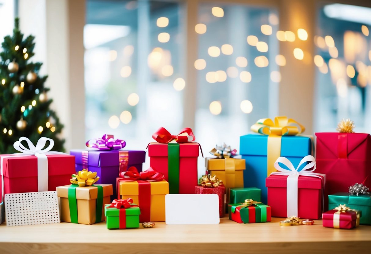 A table with a variety of gift options displayed, including wrapped boxes, gift cards, and decorative items