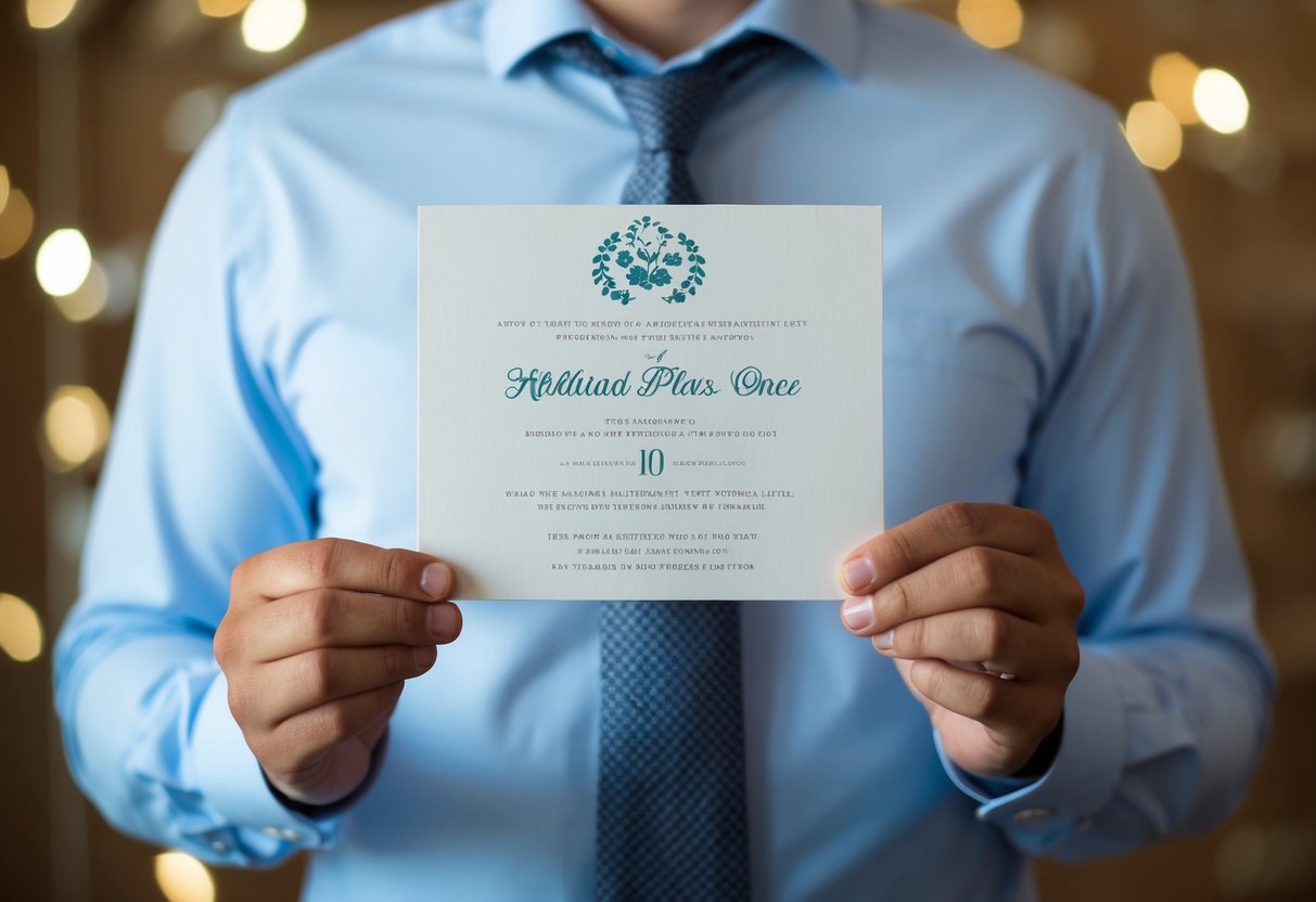 A person holding a wedding invitation and looking hesitant while considering whether to add a plus one to the guest list