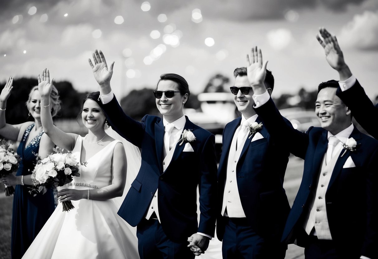 Guests waving farewell at the departing bride and groom, with smiles and well-wishes