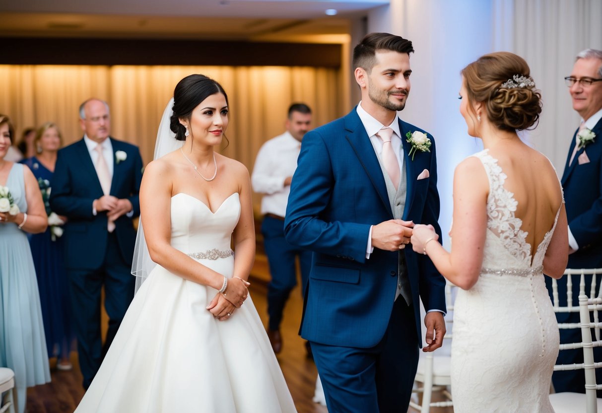 Guests leaving wedding reception, passing by bride and groom without saying goodbye. Bride looks disappointed, groom looks understanding
