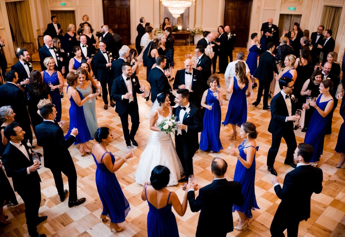 Guests mingling, clinking glasses, and dancing on a grand ballroom floor. The bride and groom stand at the center, surrounded by well-wishers