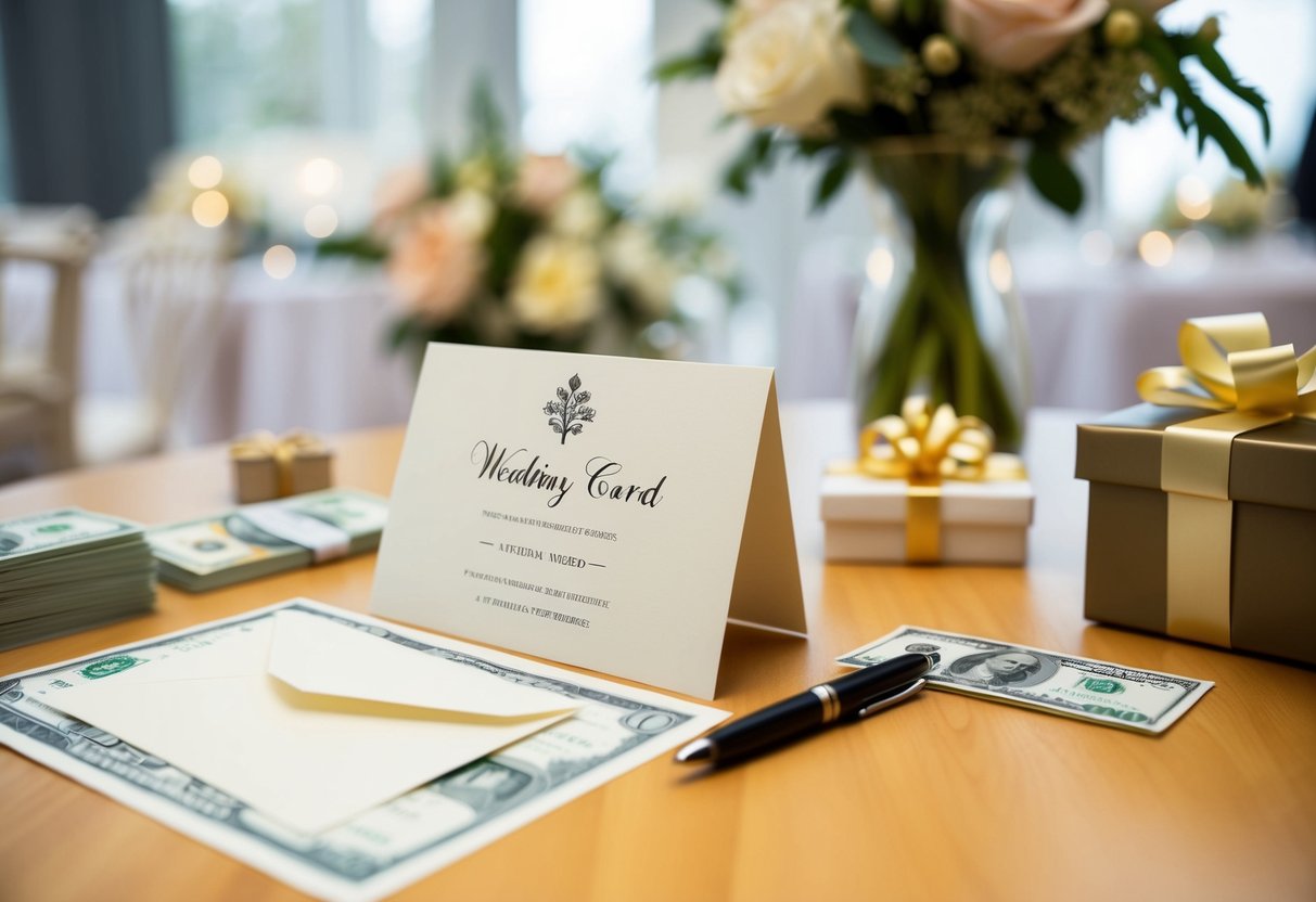 A table with a wedding card, pen, and envelope. A stack of money and a gift box nearby. Flowers and decorations in the background