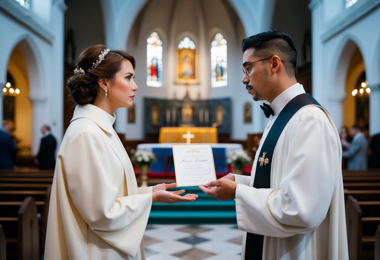 Two figures stand in a grand church, one looking uncertain as the other gestures towards a wedding invitation