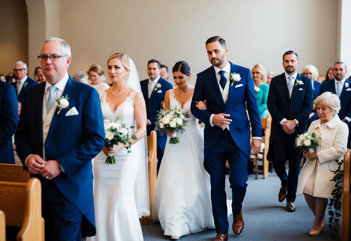 Guests arriving late to a wedding ceremony, disrupting the solemn atmosphere as they quietly take their seats