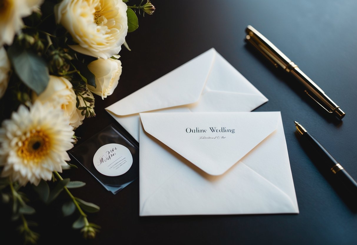 A table with a wedding card and envelope, surrounded by a bouquet of flowers and a pen