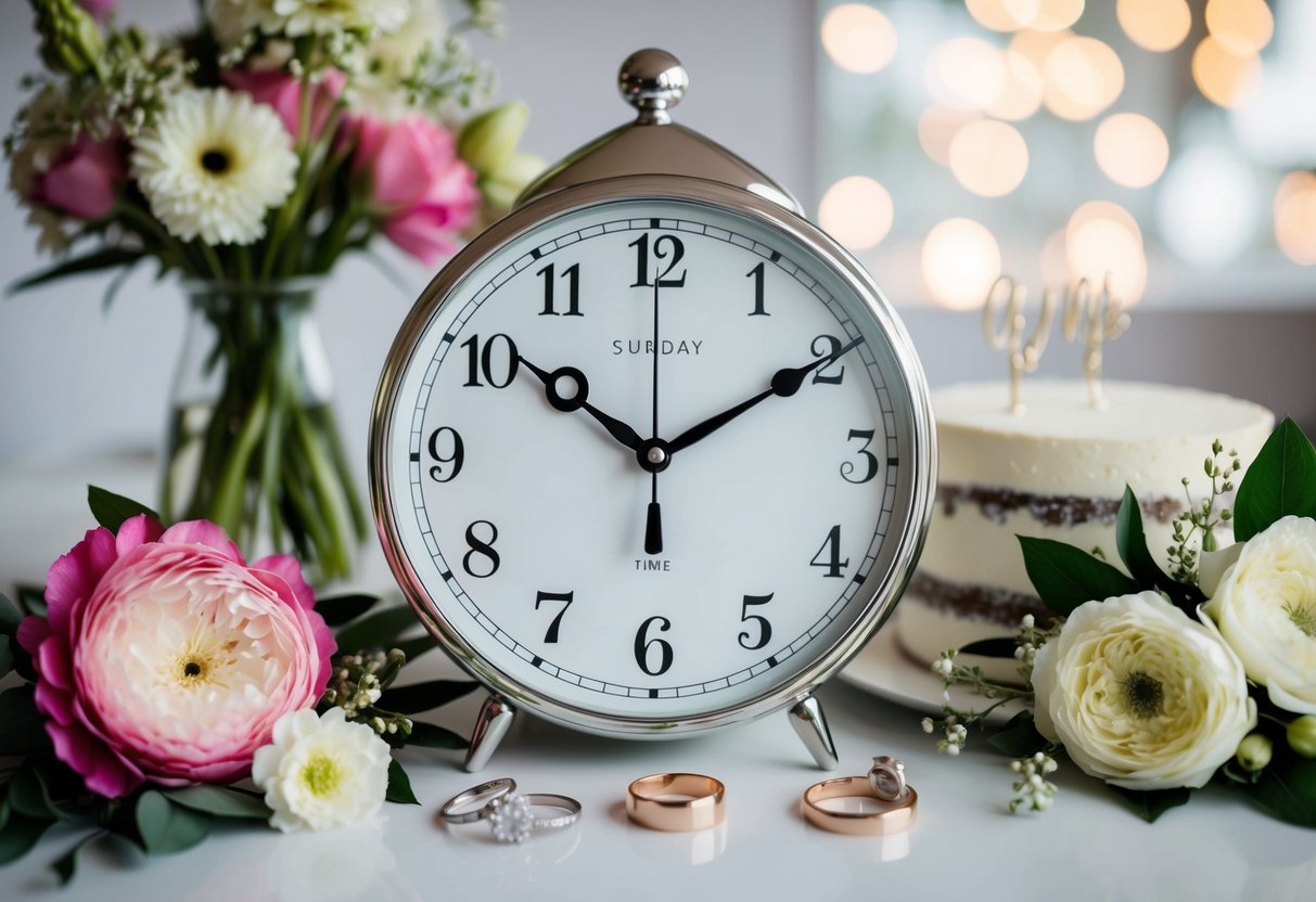 A clock with hands pointing to different times throughout the day, surrounded by wedding-related items such as flowers, rings, and a cake