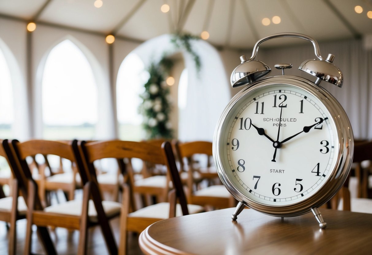 A clock showing the time past the scheduled start, with empty chairs and a wedding arch in the background
