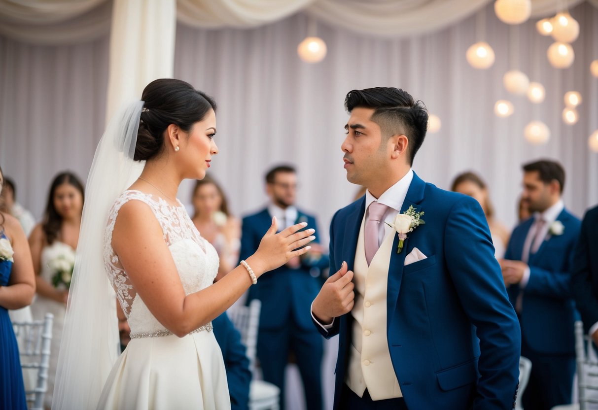 A person standing alone at a wedding, looking uncomfortable as they try to communicate with their friend who is their uninvited plus one