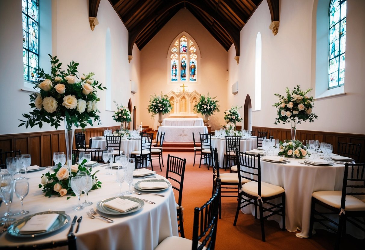 A wedding scene with a traditional church setting, floral decorations, and elegant table settings for a reception